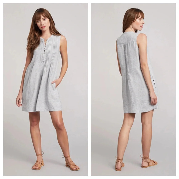 Faherty Isha 100% Linen Dress Blue Mini Stripe Pintuck WDS2119-BMT Bestseller - Picture 3 of 10